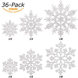Sea Team Plastic Christmas Glitter Snowflake Ornaments Christmas Tree Decorations, 2, 3, 4 Inches, Set of 36, Silver