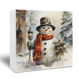Kneaotoaji Winter Snowman Wooden Sign - Snowman Christmas Decor, Winter Gifts, Rustic Farmhouse Christmas Wooden Box Sign for Home Kitchen Bathroom Table Desk Shelf Decoration, 5x5 Inch