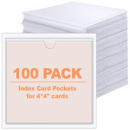 Outus 100 Pack Self Adhesive Index Card Pockets Bulk, Top Open for Loading, Clear Plastic Index Card Labels Holder for Business Cards, Organizing and Protecting Cards Photos(4 x 4 Inch)