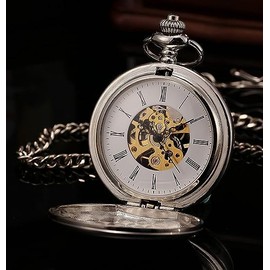 oyeaho Mechanical Hand-Wind First Holy Communion for Mechanical Engraved Pocket Watch Religious Gifts for Boys Brother Son Father Men Husband Double Case Silver Hand Wind Roman Numerals Pocket Watch with Chain