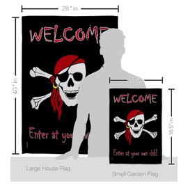 Breeze Decor Enter at Your own Risk Garden House Flag - Kit Coastal Pirate Ship Skull Treasure Map Carribean Jolly Blackbeard Jack - Decoration Banner Small Yard Gift Double-Sided Made in USA 28 X 40