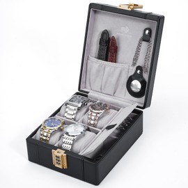 BISON DENIM Watch Box, 4 Watch Travel Case with Combination Lock - PU Leather Men's Watch Storage Box & Jewelry Organizer with Ring Slots & Necklace Hooks, Secure Travel Case, Black