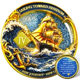 Sobriety Coin with Liquid Sand, Recovery Ship Challenge Coin, One Day at a Time AA Token, Through Every Storm I Rise Stronger Medallion Recovery Gift (Liquid Sand Ship Sobriety, 4 Years)
