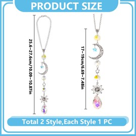 DELORIGIN 2pcs Moon Star Hanging Car Charms Crystal Sun Rear View Mirror Hanging Ornaments Cute Boho Glass Ball Prism Pendant Car Mirror Accessories for Window Balcony Keychain Decorations Gifts