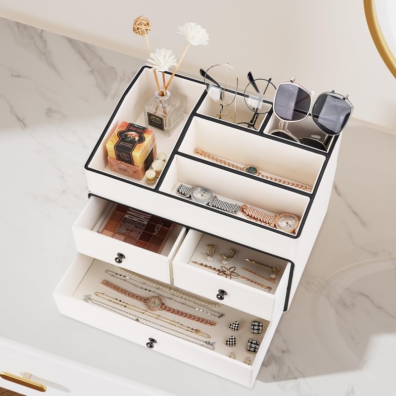 GORESE Leather Makeup Organizer with Drawers for Vanity, Stackable Skincare