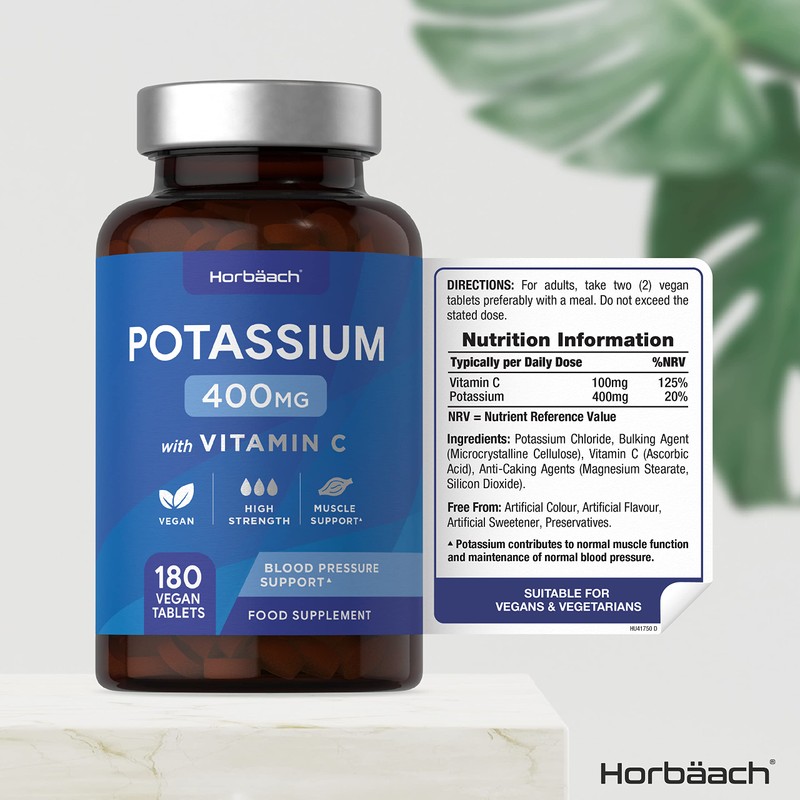 Potassium Supplement 400mg with Vitamin C | 180 Vegan Tablets