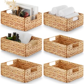 BLUEWEST Wicker Storage Baskets Pack 6, Woven Baskets for Storage, Laundry Water Hyacinth Basket for Organizing with Carrying Handles, Rattan Baskets for Shelves