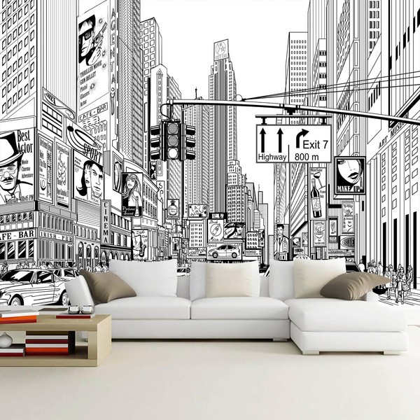WFBHUA-Black and White New York City Wallpaper Hand Painted Times