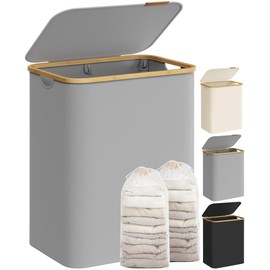 SONGMICS Laundry Hamper with Lid, 2-Section Large Laundry Basket, 34.3-gallon (130L), Removable Mesh Liner, Bamboo Handles, Collapsible, 20.5 x 15.2 x 27.8 Inches, Dove Gray ULCB513G01