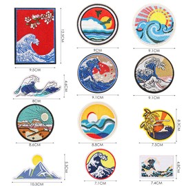 12 Pieces Sea Wave Sunset Patches, Embroidery Patch Stickers, Clothing Decorations, Clothing Repair Patches, DIY Sewing Materials