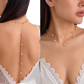 Wedding Pearl Back Chain Necklace Bridal Back Chain Jewelry Metal Bead Tassel Backdrop Necklace Long Pearl Back Necklace Backless Dress for Women (Gold)