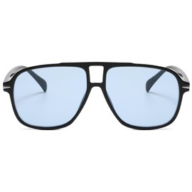 Long Keeper Retro Pilot Sunglasses Aviator Glasses Men Women Vintage Sunglasses Pilot 70s Classic Square Aviator Glasses with UV400 Protection 56 mm, Black Frame - Blue Lens