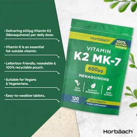 Vitamin K2 MK7 600mcg | 120 Tablets | High Strength Vitamin K2 Menaquinone MK-7 Supplement | Suitable for Vegans | Letterbox Friendly Packaging | by Horbaach