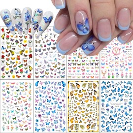 8 Sheets Butterfly Nail Art Stickers Decals 3D Self-Adhesive Pink Blue Colorful Butterflies Wings Design Nail Decals Spring Summer Floral Flower Nail Supplies for Women Acrylic Nail Art Decoration DIY