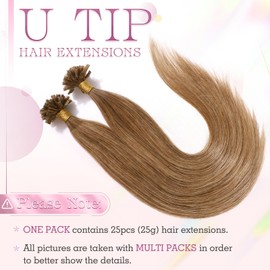 Elailite Bonding Extensions Real Hair Extensions Brown U-Tip Keratin Hair Extension Straight 25 Strands 25 g 45 cm #12 Golden Brown