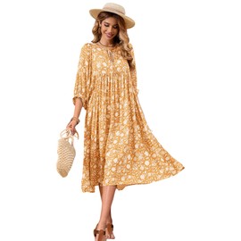 R.Vivimos Womens Summer Casual Midi Dress Lantern Sleeve Tie V Neck Boho Floral Print Loose Fit Flowy Long Dresses (Large, Yellow)