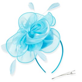 DRESHOW Women's Fascinators Hat Cocktail Party Tea Headpiece Flower Mesh Organza Ribbons Feathers on a Headband, 16-light blue