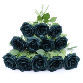 NEVISI Artificial Flower 12Pcs Emerald Green Rose Fake Rose Silk Rose Fake Flowers with Stems for DIY Wedding Bouquets Tables Centerpieces Floral Arrangements Festival Decoration