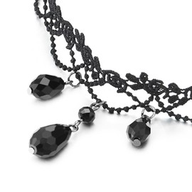 COOLSTEELANDBEYOND Gothic Victorian Nostalgic Women's Black Lace Choker Necklace with Black Tear Bead Charm Pendant, Brass, No Gemstone