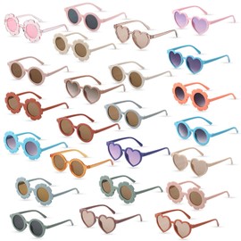 24 Pair Kids Round Flower Sunglasses Flower Shaped Sunglasses Cute Baby Sunglasses Colorful Toddler Eyewear Glasses for Kids (Heart, Sunflower, Round)