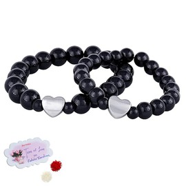 JFL - Jewellery For Less Combo of Black Stone with Sliver Plated Heart Handmade Stretchable Bracelet Rakhi for Couple, Copper