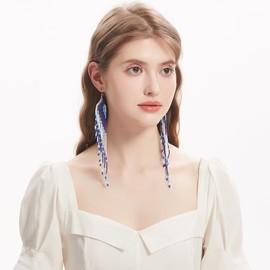 Samiyack Extra Long Beaded Earrings, Boho Statemen Handmade Seed Bead Tassel Fringe Earrings for Women Summer Holiday (Blue C)