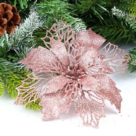 Zhenrui 12 pcs 6” Christmas Poinsettia Flower, Glitter Poinsettia Tree Ornaments, Rose Gold Artificial Flower Decorating Wreath Garland, Great for Wedding Holiday and Home Decor, with Stems