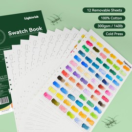 Lightwish Watercolor Swatch Book - 12 Detachable Sheets 100% Cotton 72 Spaces,15.35 * 10.63 in,300gsm/140lb Cold Press for Watercolor, Gouache, Oil Pastels - Spiral-Bound Color Testing Journal