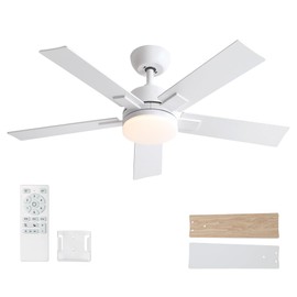 Rayqueen 42 Inch Ceiling Fan with Lights and Remote,White Ceiling Fan with 5 Blades,3 Color Temp Dimmable LED,6 Speed Reversible DC Motor-Downrod Modern Ceiling Fan for Indoor or Covered Outdoor
