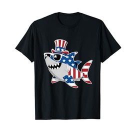 Funny Patriotic American Flag Shark Sunglesses Uncle Sam Hat T-Shirt