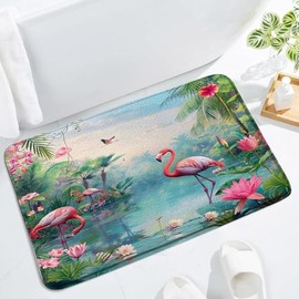 UPUMKSK Tropical Floral Bath Mat Green Palm Leaves Pink Flamingo Leaf Plant Hibiscus Flower Rainforest Lake Exotic Botanical Jungle Summer Modern Decor Bathroom Rug Floor Mat