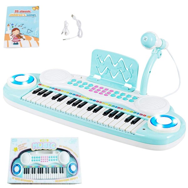 Costzon 37 Keys Electronic Keyboard Piano for Kids, Portable Musical Keyboard with Rhythm Light, Microphone, Recording, Music Stand, 8 Tone Keys, 4 Percussion Instruments (Blue)
