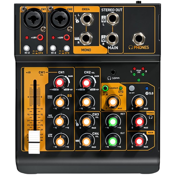 Mini Audio Mixer, Portable Mini4 DJ Board Mixer with USB