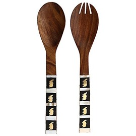 Purpledip Mother of Pearl & Brass Inlay Wooden Cooking & Serving Spoon Set (10032)