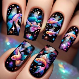 Mermaid Press on Nails Medium Square False Nails with Koi Fish Designs Starry Sky Fake Nails Black Blue Universe Stick on Nails Full Cover Reusable Stars Acrylic Nails for Women Girls Manicure 24Pcs