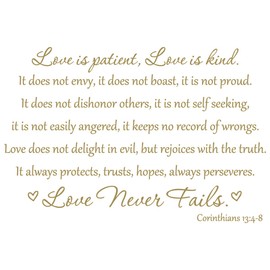 34"x24" Love is Patient Love is Kind Love Never Fails Corinthians 13:4-8 Wall Decal Sticker It Does Not Envy Boast Proud Dishonor Others Self Seeking Easily Angered Keeps No Record Wrongs
