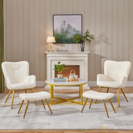 Yaheetech Small Accent Chair with Ottoman Set, Boucle Armchair and Footstool, Lounge Reading Chair with Golden Metal Legs for Living Room/Bedroom/Office, Ivory, Set of 2