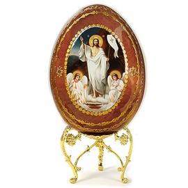 Resurrection of Jesus Christ Wooden Icon Egg, Easter Decoration for Home or Church, Inspirational Table Top Decorative Figurine, 8 inches