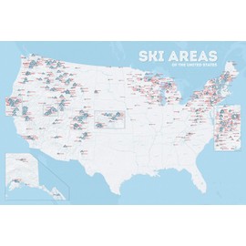 US Ski Resorts Map 24x36 Poster (White & Light Blue)
