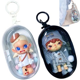2pcs Clear Figure Display Bag with Keychain Pompom Ball Portable Mini Doll Pouch Carrying Case Blind Box Figures Display Case for Collectibles Zipper Closure (Oval)