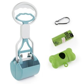 Andiker Dog Pooper Scooper with Short Handle, 10.23" Tall Dual-Spring Pet Pooper Scooper with 1 Roll of Dog Poop Bag and a Dispenser Easy to Use Dog Poop Scooper for Yard Picking Waste Up (Blue)