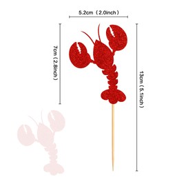 Ercadio - Paquete de 24 adornos para cupcakes de cangrejo de cangrejo rojo con purpurina para magdalenas con temática de langosta para bebés, fiestas de cumpleaños, decoraciones para tartas