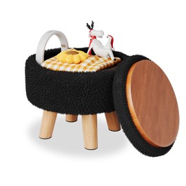 WBKATN Black Storage Ottoman, Small Foot Stool Ottoman with Storage, Boucle Sherpa Foot Rest for Couch, Round Footstools with Soft Seat, Sturdy Wood Legs Stool for Living Room, Hallway, Desk