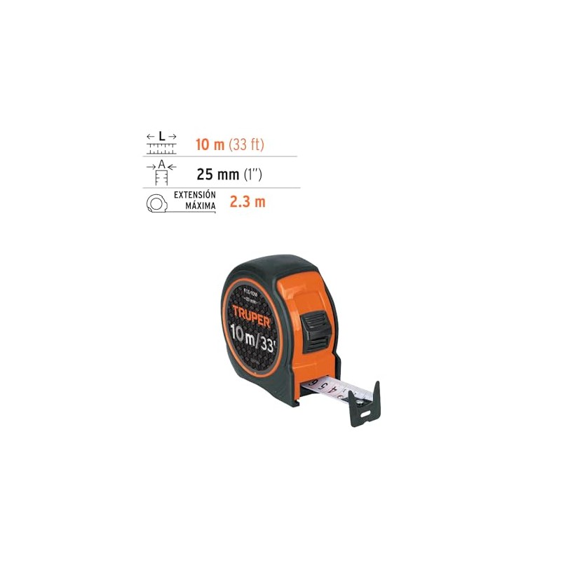 Truper FCG-10M Flexómetro compacto 10 m con grip cinta 25