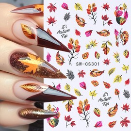 6Sheets Autumn Leaves Nail Art Sticker Thanksgiving Nail Decals 3D Self-Adhesive Fall Pumpkin Maple Leaf Design Nail Sticker Cute Flower Fruit Nail Decal for Women DIY Manicure Decoration Accessories