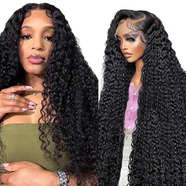 Hxxcoup Human Hair Wig Curly Wave Natural Black 13 x 4 Lace Front Real Hair Wig Women's Glueless Wear and Go Blenched Knots with Baby Hair for Woman Minimal Smell 22 Inches