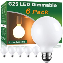 Vinaco Dimmable G25 LED Globe 2700K Warm White, 6 Pack G80 Vanity Light Bulbs 450LM, Matt Opal Glass G25 Bulb LED 6W Equivalent 60W 120V, E26 Flicker Free Bulb for Bathroom Vanity Mirror