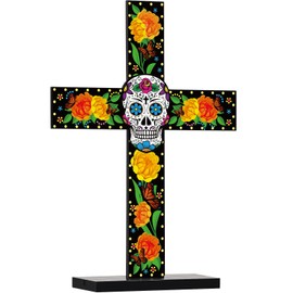 Thyle Day of the Dead Cross Table Decor Dias De Los Muertos Ofrenda Decorations Wooden Mexican Sugar Skull Cross Day of the Dead Altar Statues Figurines Offering Decoration(Large)