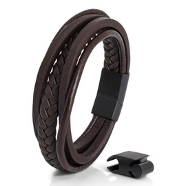 Akitsune Pax Leather Magnetic Bracelet for Men/Women, Silver, Matt Black, Stainless Steel