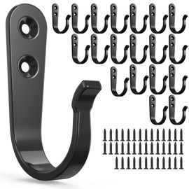 BREYDROK 20-Pack Towel Hooks for Bathroom, Heavy Duty Black Metal Wall Hooks for Robe, Coat, Kitchen, Closet, Garage Organizer